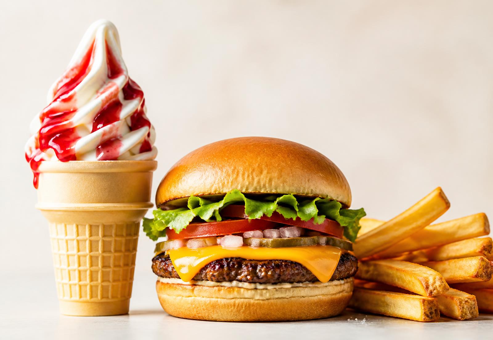 Dairy Queen style soft serve cone, cheeseburger and crinkle cut fries